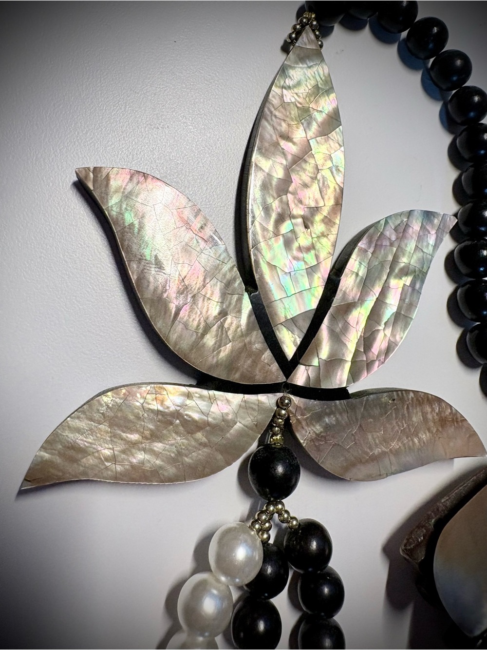 Black Bead and Pearl Statement Necklace with Abalone Pendant and Bracelet Set - Picture 2 of 6